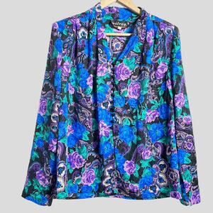 Vintage Wilroy Rare Purple Blue Floral Paisley Satin Long Sleeve Blouse Size 10